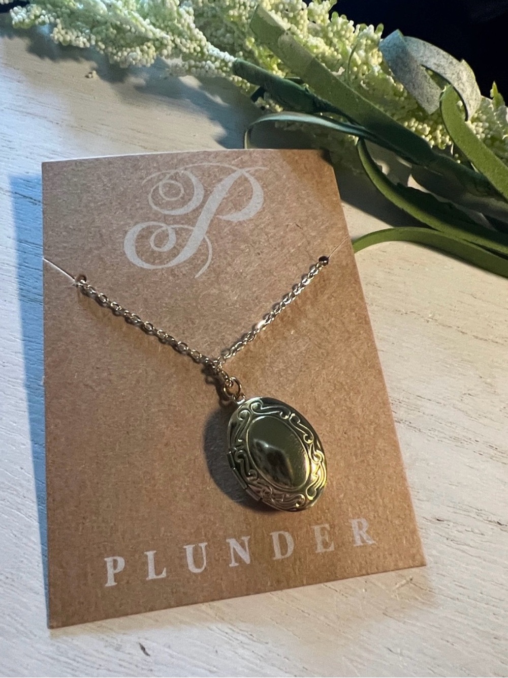Plunder Gold Oval Scrollwork Locket Necklace